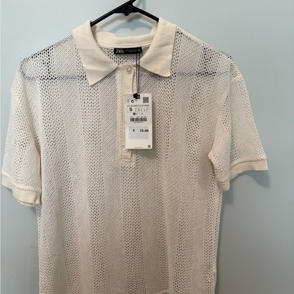 Zara Cream Polo Shirt with Textured Design